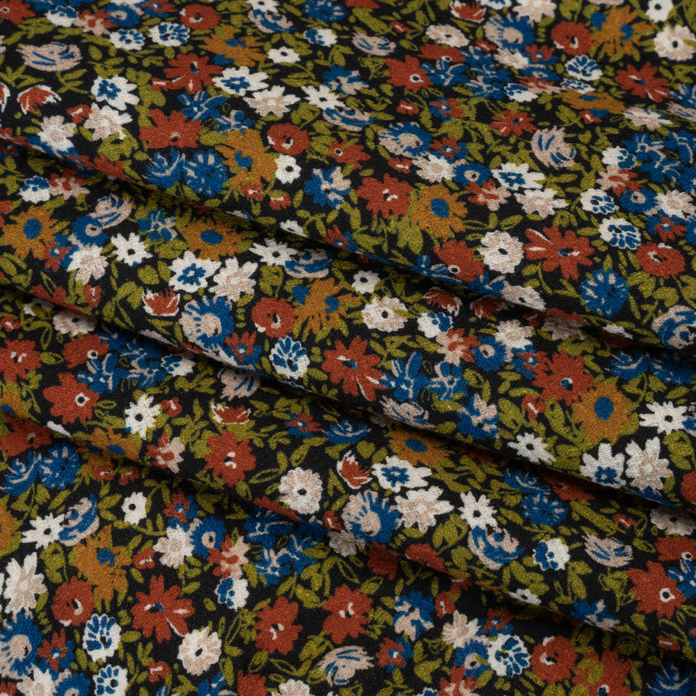 Slubbed Gauzy Cotton Woven - Dark Red, Blue and Leaf Green All-Over Floral - Mood Exclusive Fete des Fleurs Print - Folded Slubbed Gauzy Cotton Woven - Dark Red, Blue and Leaf Green All-Over Floral - Mood Exclusive Fete des Fleurs Print - Folded