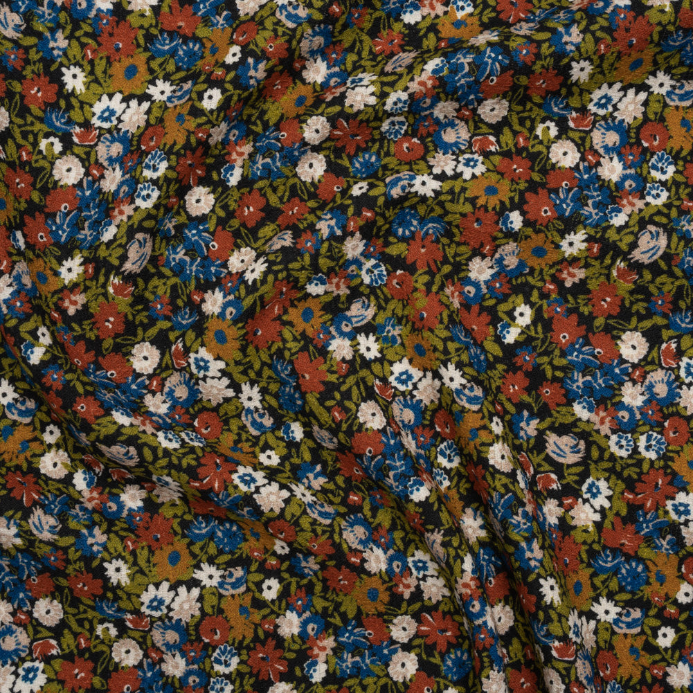 Slubbed Gauzy Cotton Woven - Dark Red, Blue and Leaf Green All-Over Floral - Mood Exclusive Fete des Fleurs Print Slubbed Gauzy Cotton Woven - Dark Red, Blue and Leaf Green All-Over Floral - Mood Exclusive Fete des Fleurs Print