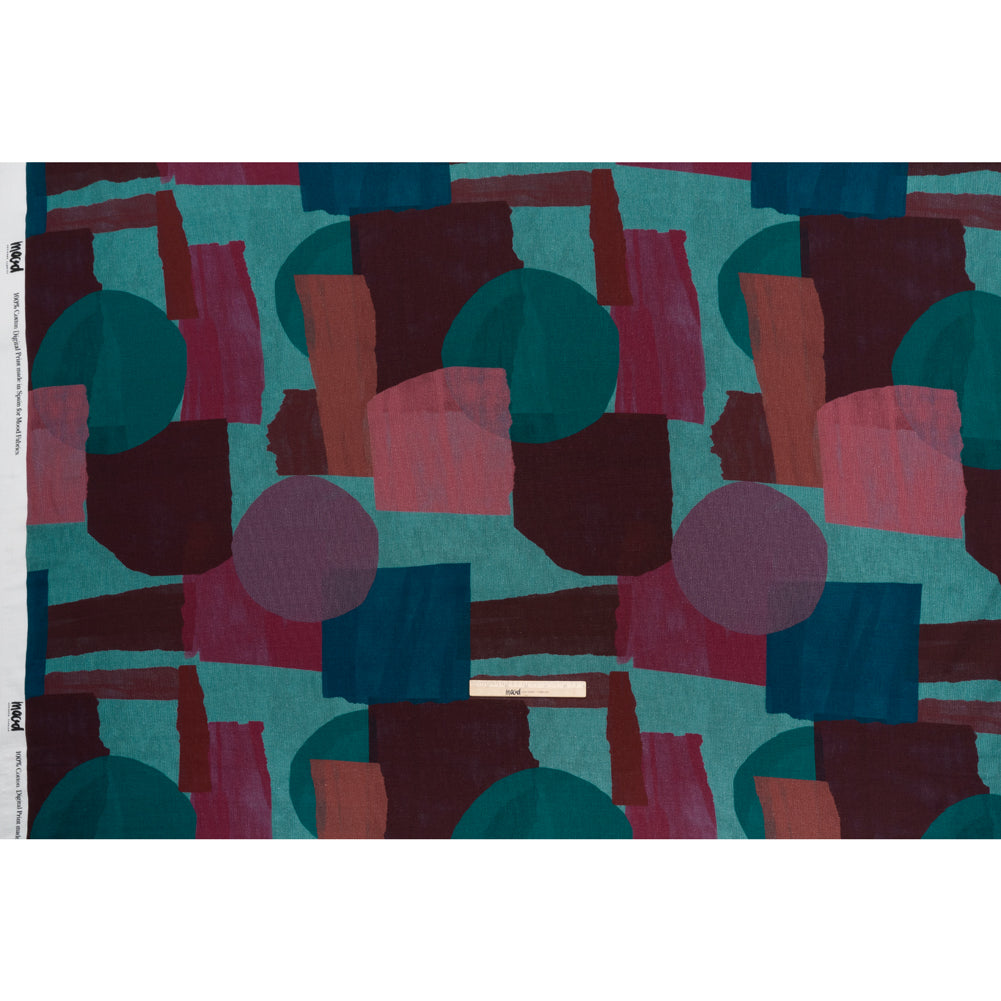 Slubbed Gauzy Cotton Woven - Teal Green, Burgundy and Magenta Painted Geometrics - Mood Exclusive Brushed Blocks Print - Full Slubbed Gauzy Cotton Woven - Teal Green, Burgundy and Magenta Painted Geometrics - Mood Exclusive Brushed Blocks Print - Full