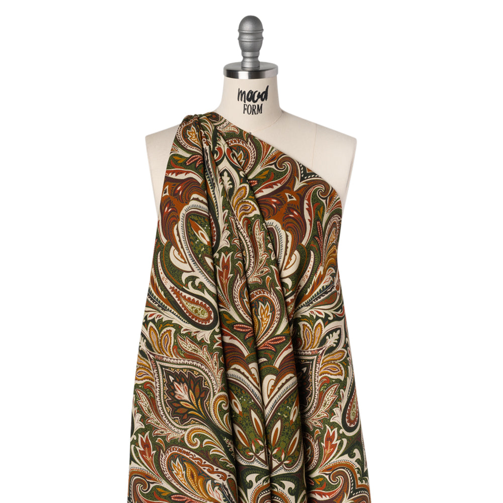 Slubbed Gauzy Cotton Woven - Cream, Forest Green and Burnt Orange Paisley - Mood Exclusive Secret Garden Scrolls Print - Drape Slubbed Gauzy Cotton Woven - Cream, Forest Green and Burnt Orange Paisley - Mood Exclusive Secret Garden Scrolls Print - Drape