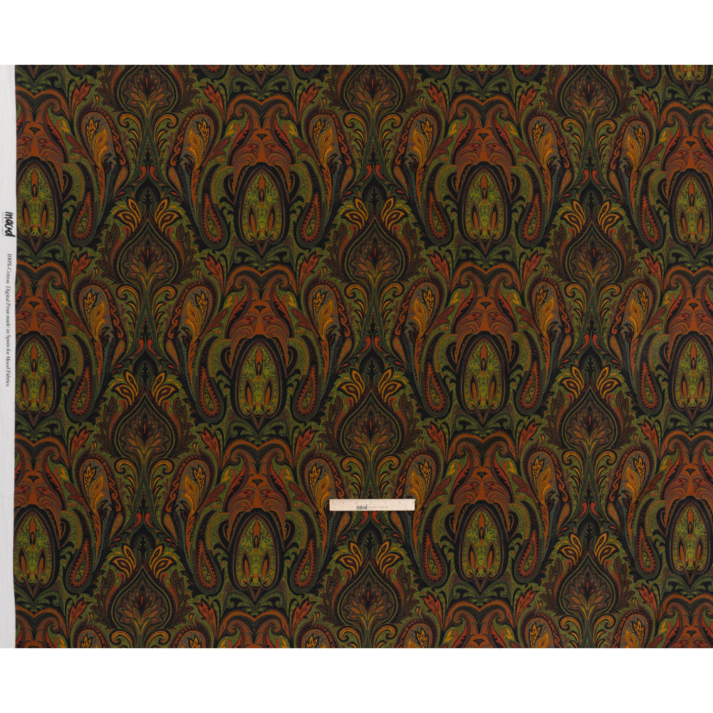 Slubbed Gauzy Cotton Woven - Forest Green, Burnt Orange and Yellow Ochre Paisley - Mood Exclusive Secret Garden Scrolls Print - Full Slubbed Gauzy Cotton Woven - Forest Green, Burnt Orange and Yellow Ochre Paisley - Mood Exclusive Secret Garden Scrolls Print - Full