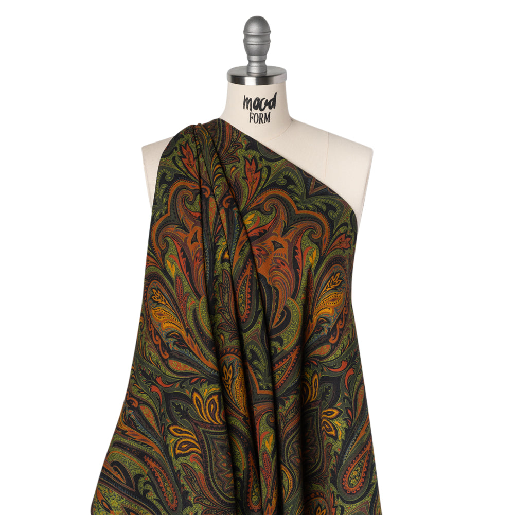 Slubbed Gauzy Cotton Woven - Forest Green, Burnt Orange and Yellow Ochre Paisley - Mood Exclusive Secret Garden Scrolls Print - Drape Slubbed Gauzy Cotton Woven - Forest Green, Burnt Orange and Yellow Ochre Paisley - Mood Exclusive Secret Garden Scrolls Print - Drape