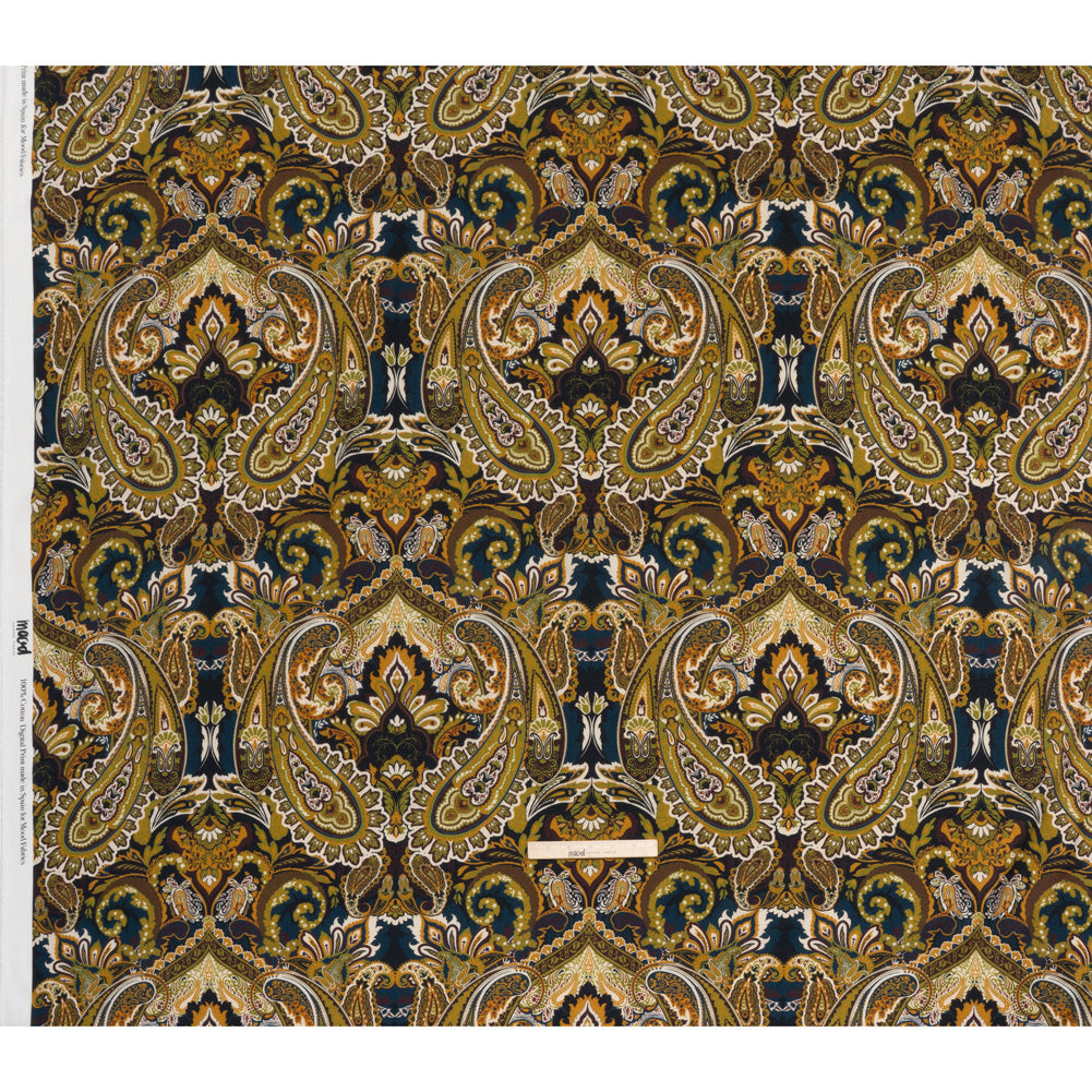 Slubbed Gauzy Cotton Woven - Blue, Kiwi Green and Goldenrod Paisley - Mood Exclusive Woodland Whispers Print - Full Slubbed Gauzy Cotton Woven - Blue, Kiwi Green and Goldenrod Paisley - Mood Exclusive Woodland Whispers Print - Full