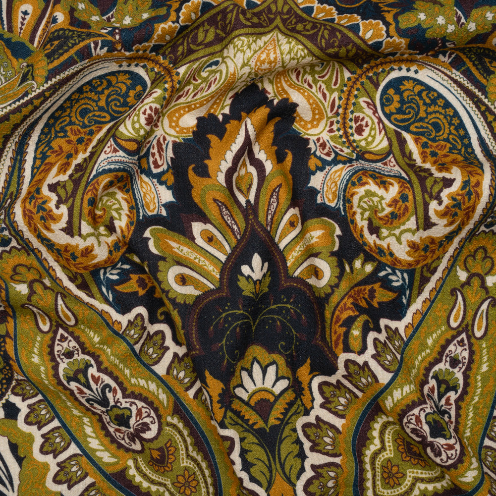Slubbed Gauzy Cotton Woven - Blue, Kiwi Green and Goldenrod Paisley - Mood Exclusive Woodland Whispers Print Slubbed Gauzy Cotton Woven - Blue, Kiwi Green and Goldenrod Paisley - Mood Exclusive Woodland Whispers Print