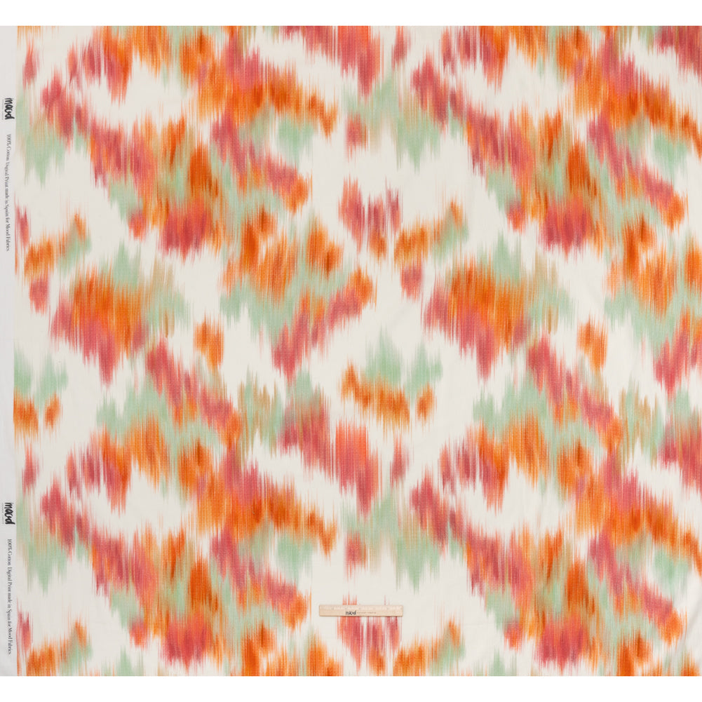 Slubbed Gauzy Cotton Woven - Sea Green, Pink and Orange Abstract Ikat - Mood Exclusive Spin Art Splash Print - Full Slubbed Gauzy Cotton Woven - Sea Green, Pink and Orange Abstract Ikat - Mood Exclusive Spin Art Splash Print - Full