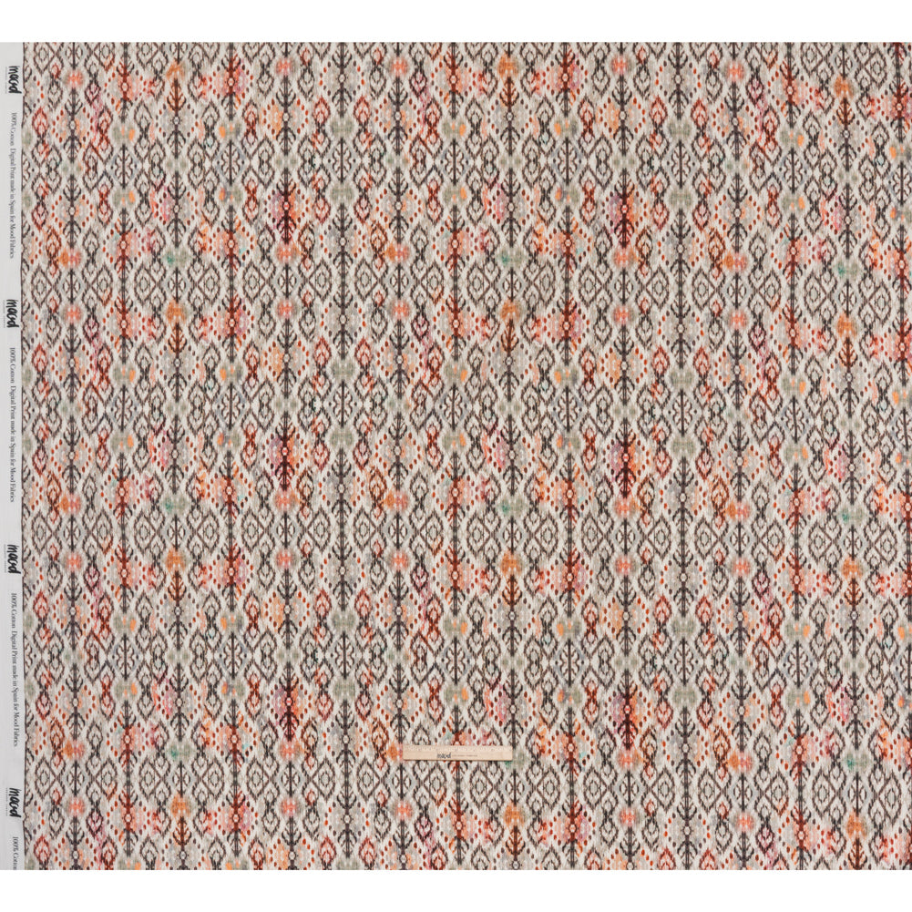 Slubbed Gauzy Cotton Woven - Red, Orange and Dark Green Geometric Ikat - Mood Exclusive Secret Symbols Print - Full Slubbed Gauzy Cotton Woven - Red, Orange and Dark Green Geometric Ikat - Mood Exclusive Secret Symbols Print - Full