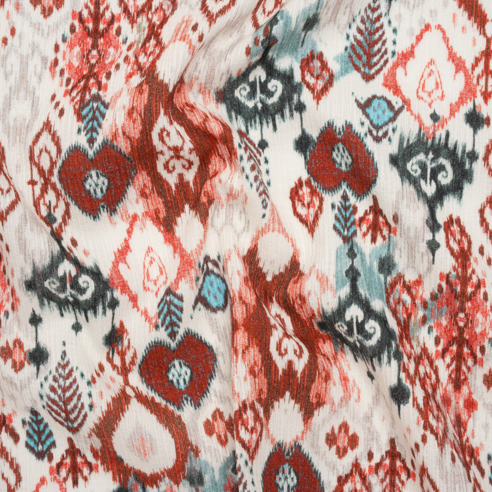 Slubbed Gauzy Cotton Woven - Coral Red, Dark Blue and Light Gray Ikat Leaves and Swirls - Mood Exclusive Fanciful Fairy Print Slubbed Gauzy Cotton Woven - Coral Red, Dark Blue and Light Gray Ikat Leaves and Swirls - Mood Exclusive Fanciful Fairy Print