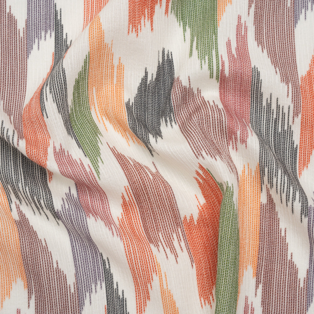 Slubbed Gauzy Cotton Woven - Dark Red, Navy, Orange and Green Abstract Ikat Stitches - Mood Exclusive Soundwave Stitches Print Slubbed Gauzy Cotton Woven - Dark Red, Navy, Orange and Green Abstract Ikat Stitches - Mood Exclusive Soundwave Stitches Print