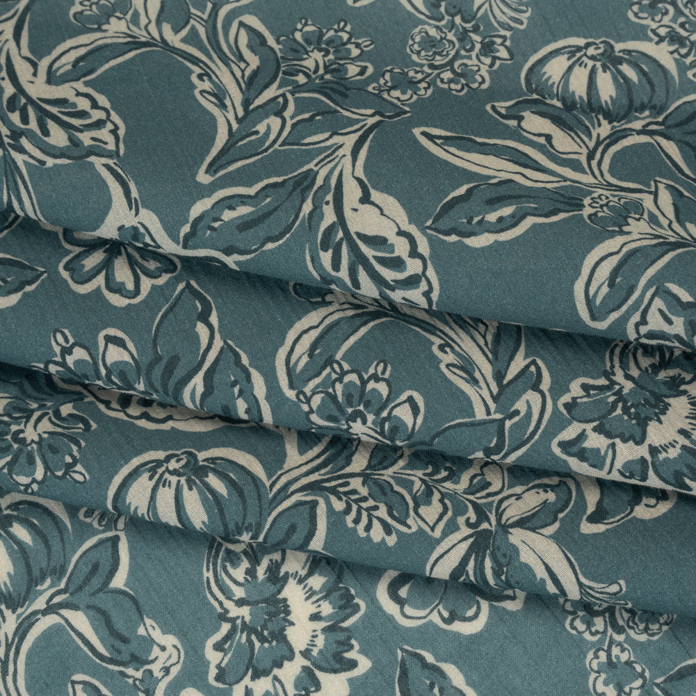 Crinkled Cotton Gauzy Woven - Sea Blue, Cream and Black Floral - Mood Exclusive Cottage Crawl Print Folded Crinkled Cotton Gauzy Woven - Sea Blue, Cream and Black Floral - Mood Exclusive Cottage Crawl Print Folded