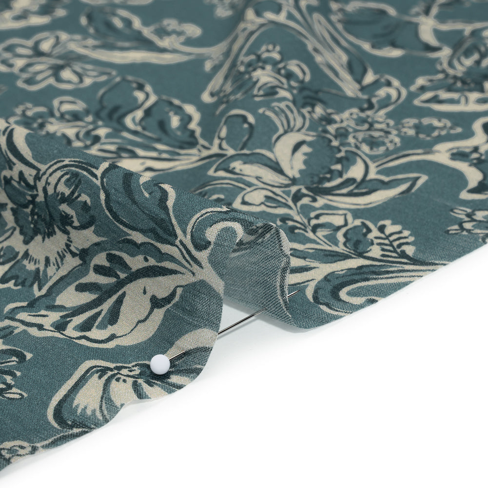 Crinkled Cotton Gauzy Woven - Sea Blue, Cream and Black Floral - Mood Exclusive Cottage Crawl Print Detail Crinkled Cotton Gauzy Woven - Sea Blue, Cream and Black Floral - Mood Exclusive Cottage Crawl Print Detail