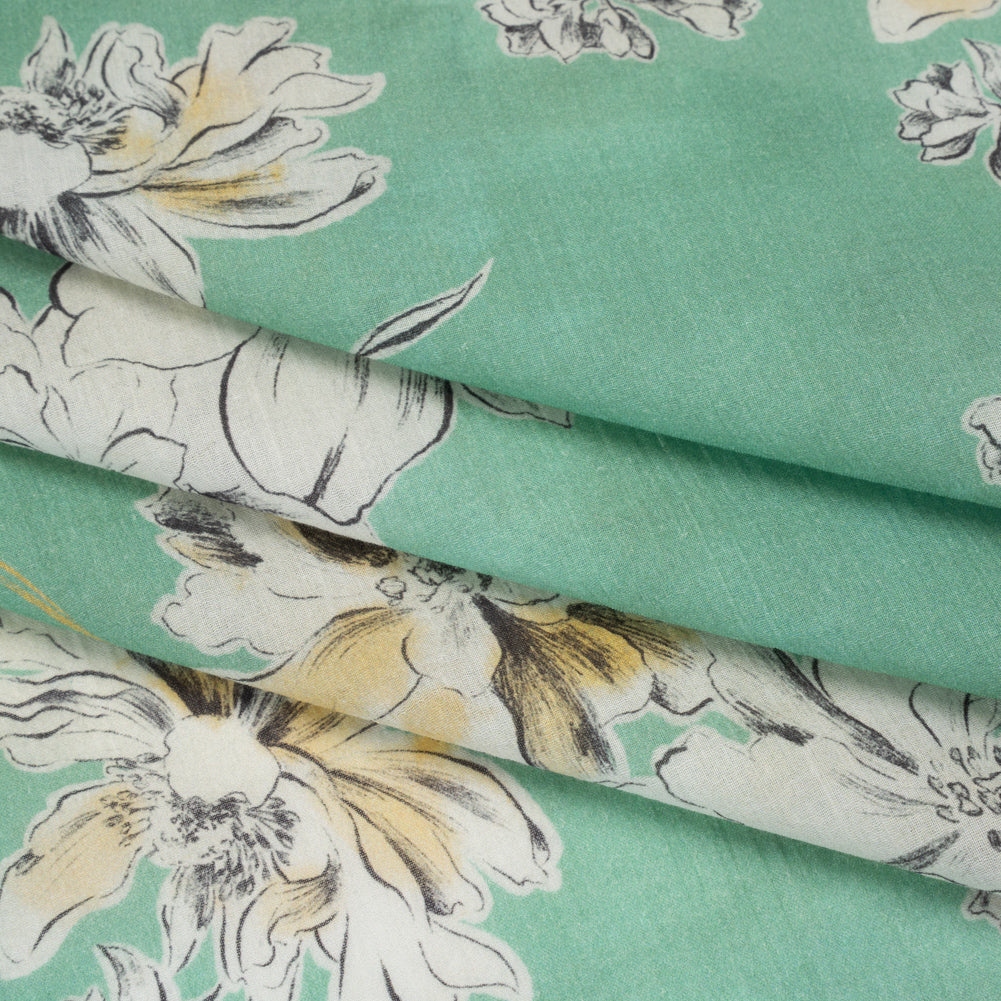 Crinkled Cotton Gauzy Woven - Mint Green, Golden Yellow and Off White Floral - Mood Exclusive Color Me Chrysanthemum Print Folded Crinkled Cotton Gauzy Woven - Mint Green, Golden Yellow and Off White Floral - Mood Exclusive Color Me Chrysanthemum Print Folded