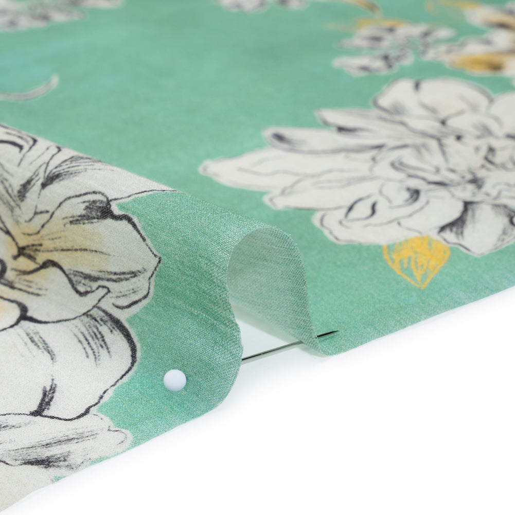 Crinkled Cotton Gauzy Woven - Mint Green, Golden Yellow and Off White Floral - Mood Exclusive Color Me Chrysanthemum Print Detail Crinkled Cotton Gauzy Woven - Mint Green, Golden Yellow and Off White Floral - Mood Exclusive Color Me Chrysanthemum Print Detail