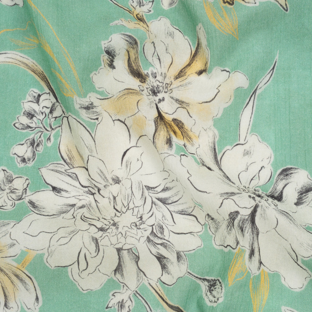 Crinkled Cotton Gauzy Woven - Mint Green, Golden Yellow and Off White Floral - Mood Exclusive Color Me Chrysanthemum Print Crinkled Cotton Gauzy Woven - Mint Green, Golden Yellow and Off White Floral - Mood Exclusive Color Me Chrysanthemum Print