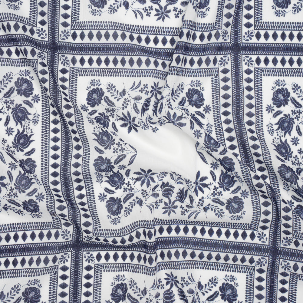 Crinkled Cotton Gauzy Woven - White and Navy Blue Floral Embroidery Squares - Mood Exclusive Porcelain Petals Print Crinkled Cotton Gauzy Woven - White and Navy Blue Floral Embroidery Squares - Mood Exclusive Porcelain Petals Print