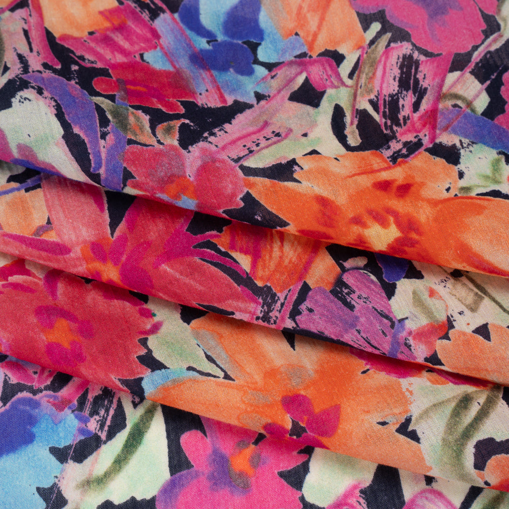 Crinkled Cotton Gauzy Woven - Hot Pink, Ultramarine Blue and Orange Floral - Mood Exclusive Electric Garden Print - Folded Crinkled Cotton Gauzy Woven - Hot Pink, Ultramarine Blue and Orange Floral - Mood Exclusive Electric Garden Print - Folded