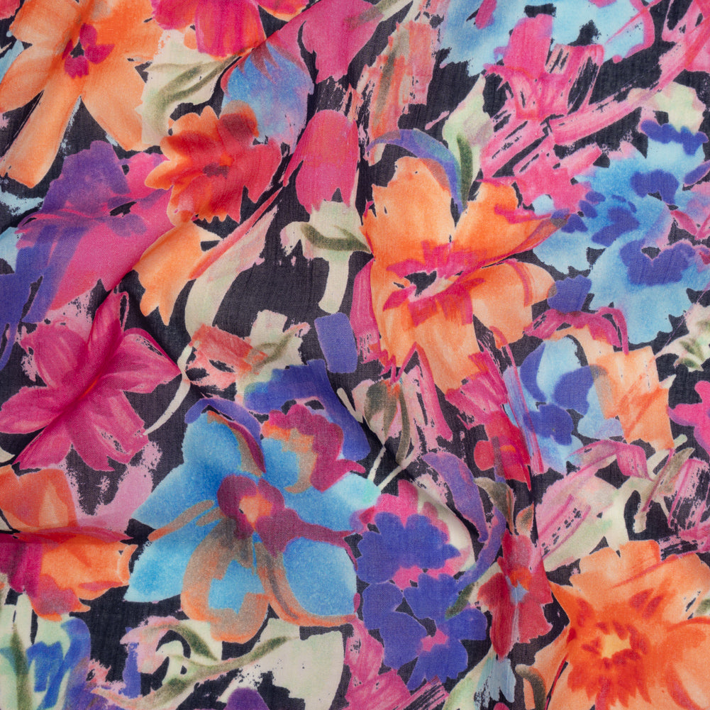 Crinkled Cotton Gauzy Woven - Hot Pink, Ultramarine Blue and Orange Floral - Mood Exclusive Electric Garden Print Crinkled Cotton Gauzy Woven - Hot Pink, Ultramarine Blue and Orange Floral - Mood Exclusive Electric Garden Print