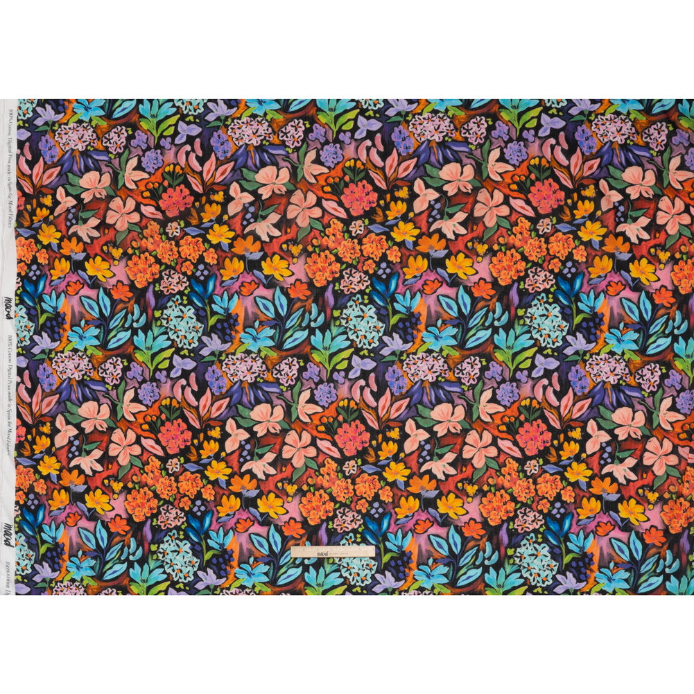 Crinkled Cotton Gauzy Woven - Orange, Green and Purple Painterly Floral - Mood Exclusive Picture Book Petals Print - Full Crinkled Cotton Gauzy Woven - Orange, Green and Purple Painterly Floral - Mood Exclusive Picture Book Petals Print - Full