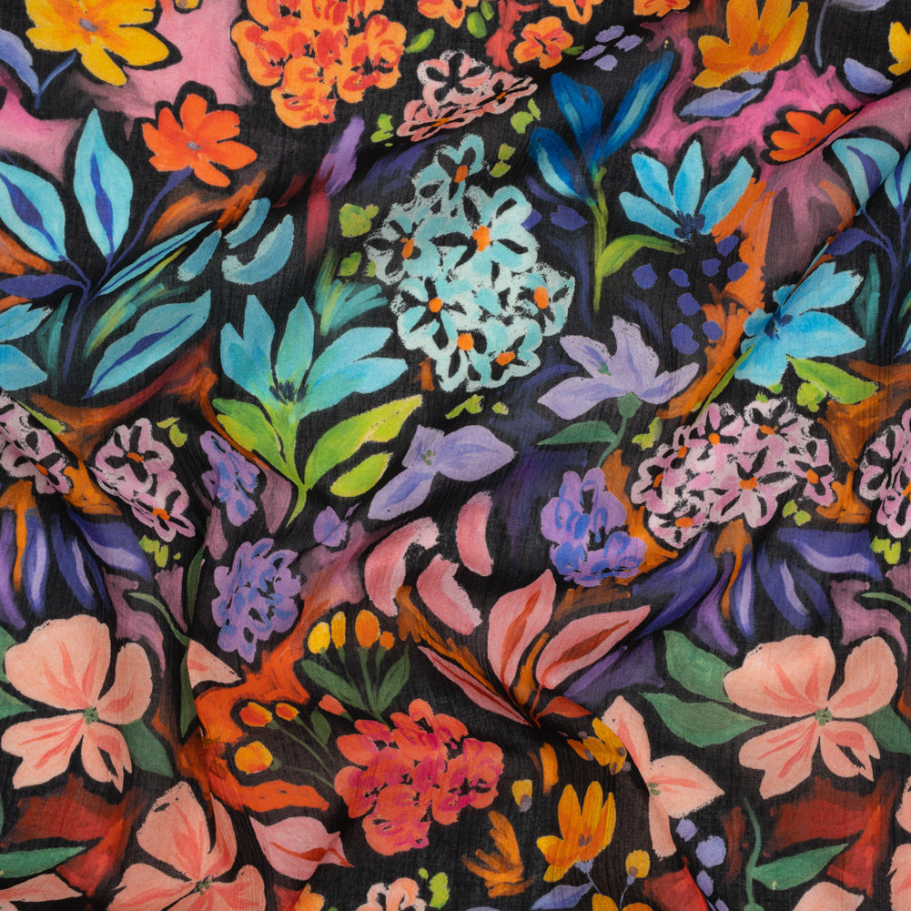 Crinkled Cotton Gauzy Woven - Orange, Green and Purple Painterly Floral - Mood Exclusive Picture Book Petals Print Crinkled Cotton Gauzy Woven - Orange, Green and Purple Painterly Floral - Mood Exclusive Picture Book Petals Print
