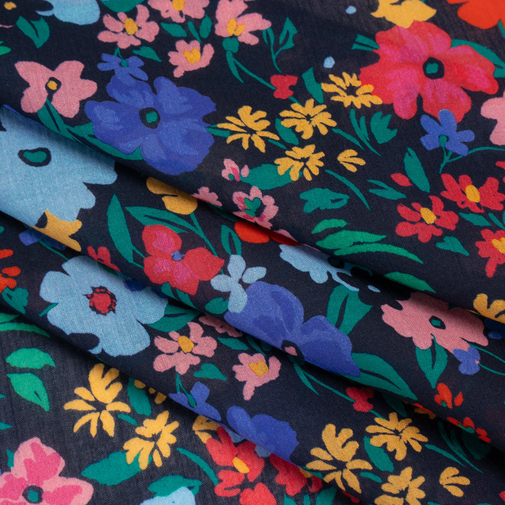 Crinkled Cotton Gauzy Woven - Blue, Red and Yellow Floral - Mood Exclusive Storybook Garden Print - Folded Crinkled Cotton Gauzy Woven - Blue, Red and Yellow Floral - Mood Exclusive Storybook Garden Print - Folded