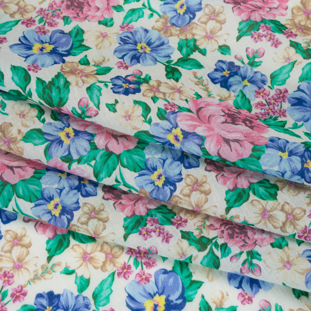 Crinkled Cotton Gauzy Woven - White, Pink and Blue Florals - Mood Exclusive Secret Garden Print - Folded Crinkled Cotton Gauzy Woven - White, Pink and Blue Florals - Mood Exclusive Secret Garden Print - Folded