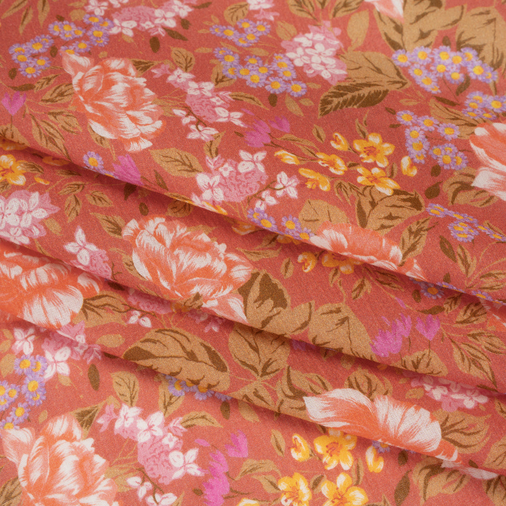 Crinkled Cotton Gauzy Woven - Coral Rose, Pink and Lavender Floral - Mood Exclusive Romantic Reverie Print - Folded Crinkled Cotton Gauzy Woven - Coral Rose, Pink and Lavender Floral - Mood Exclusive Romantic Reverie Print - Folded