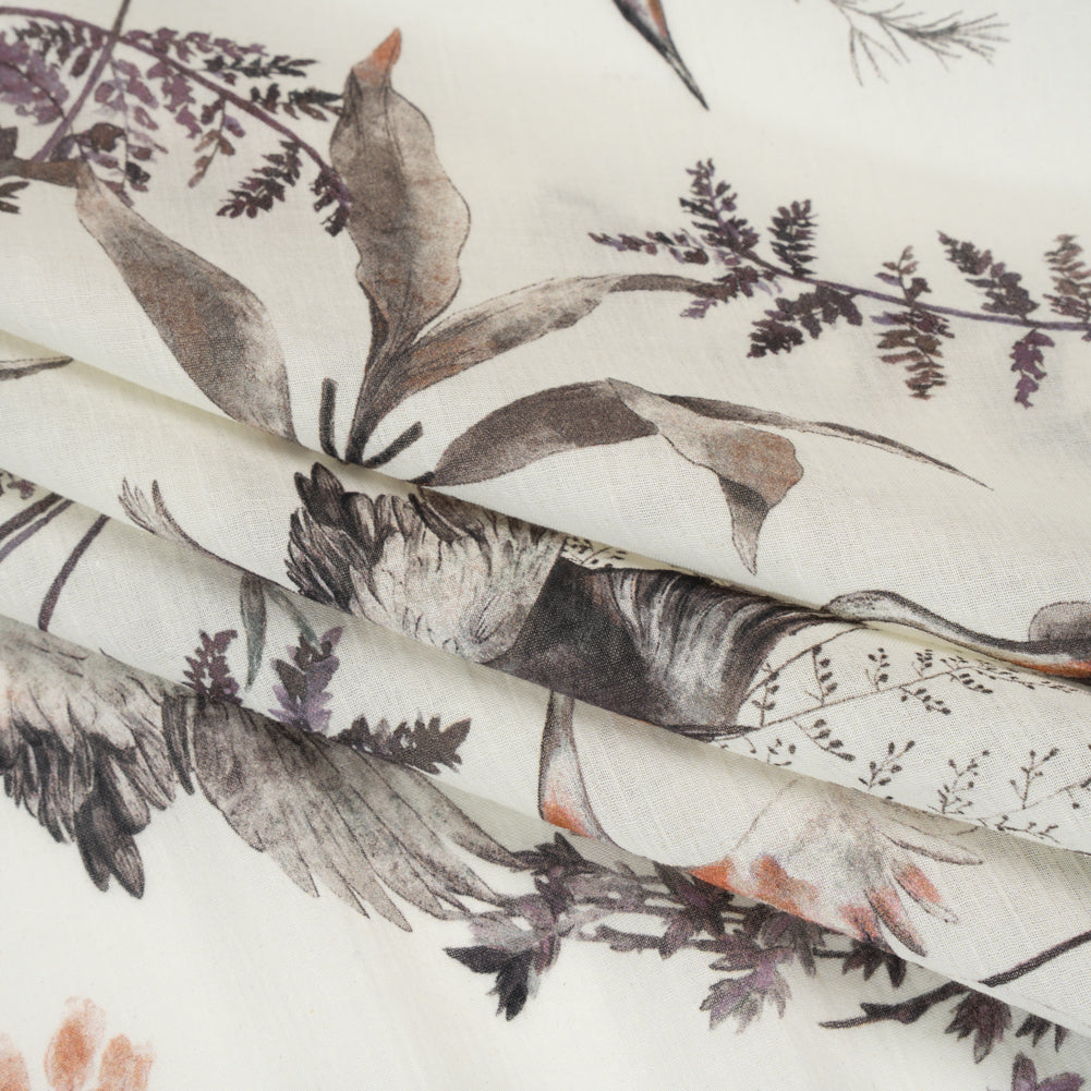Crinkled Cotton Gauzy Woven - Russet, Aubergine and Black Cranes in the Branches - Mood Exclusive Winged Serenity Print - Folded Crinkled Cotton Gauzy Woven - Russet, Aubergine and Black Cranes in the Branches - Mood Exclusive Winged Serenity Print - Folded