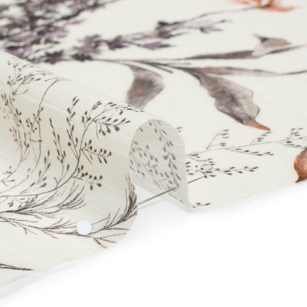 Crinkled Cotton Gauzy Woven - Russet, Aubergine and Black Cranes in the Branches - Mood Exclusive Winged Serenity Print - Detail Crinkled Cotton Gauzy Woven - Russet, Aubergine and Black Cranes in the Branches - Mood Exclusive Winged Serenity Print - Detail