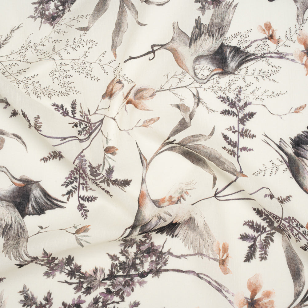 Crinkled Cotton Gauzy Woven - Russet, Aubergine and Black Cranes in the Branches - Mood Exclusive Winged Serenity Print Crinkled Cotton Gauzy Woven - Russet, Aubergine and Black Cranes in the Branches - Mood Exclusive Winged Serenity Print