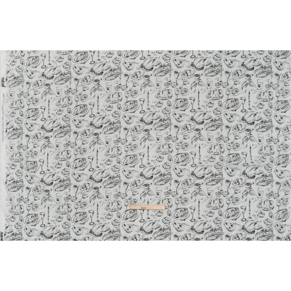 Crinkled Cotton Gauzy Woven - Black, White and Gray Food Sketches - Mood Exclusive Dinner Party Print - Full Crinkled Cotton Gauzy Woven - Black, White and Gray Food Sketches - Mood Exclusive Dinner Party Print - Full