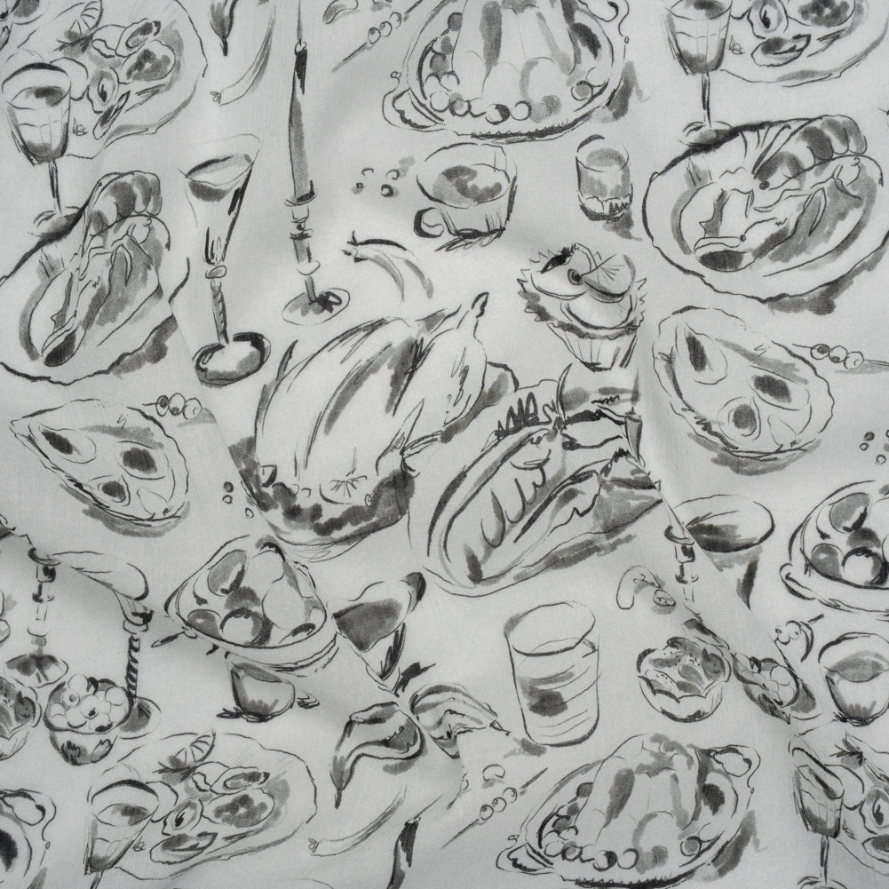 Crinkled Cotton Gauzy Woven - Black, White and Gray Food Sketches - Mood Exclusive Dinner Party Print Crinkled Cotton Gauzy Woven - Black, White and Gray Food Sketches - Mood Exclusive Dinner Party Print