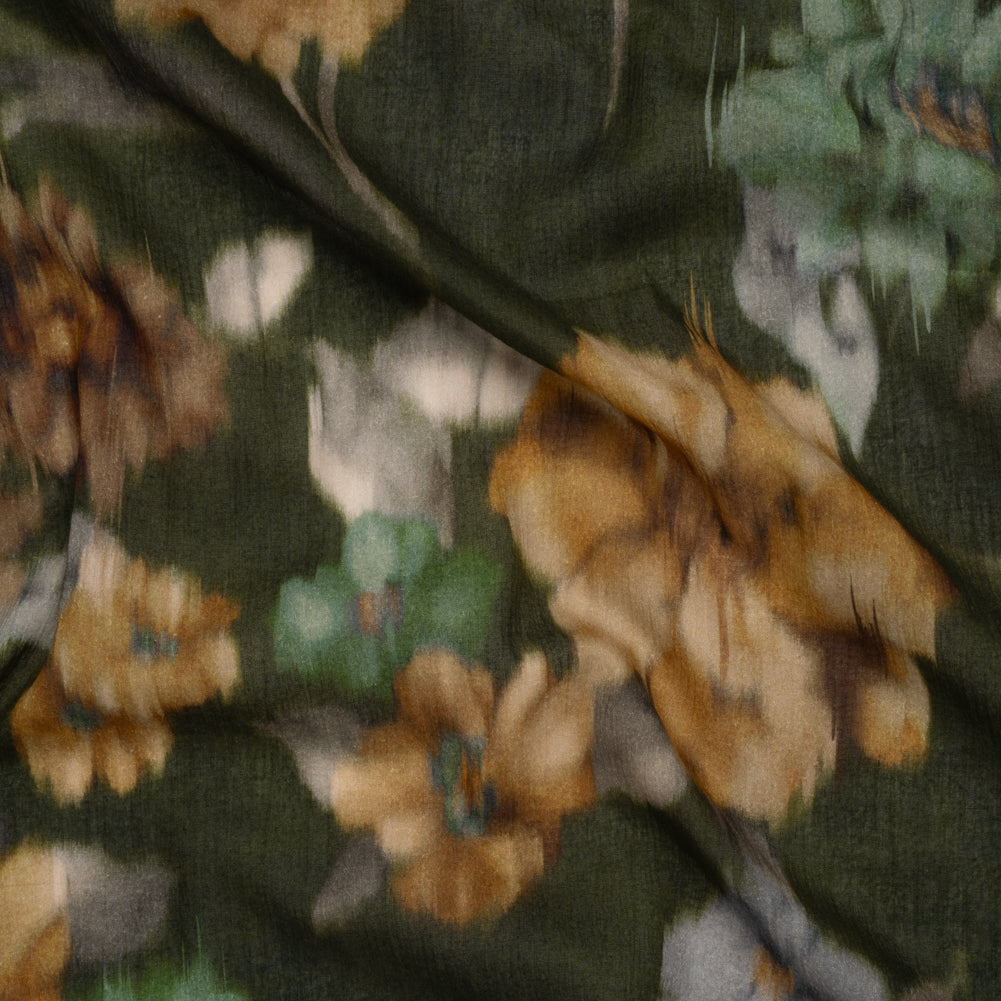 Crinkled Cotton Gauzy Woven - Olive Green, Tan and Gray Hazy Ikat Flowers - Mood Exclusive Blurred Blooms Print Crinkled Cotton Gauzy Woven - Olive Green, Tan and Gray Hazy Ikat Flowers - Mood Exclusive Blurred Blooms Print