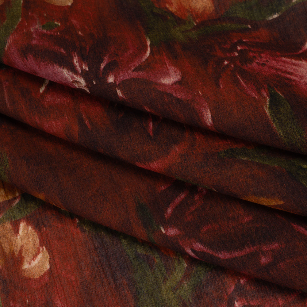 Crinkled Cotton Gauzy Woven - Burgundy, Yellow Ochre and Green Painterly Ikat Floral - Mood Exclusive Cabernet Crocus Print - Folded Crinkled Cotton Gauzy Woven - Burgundy, Yellow Ochre and Green Painterly Ikat Floral - Mood Exclusive Cabernet Crocus Print - Folded