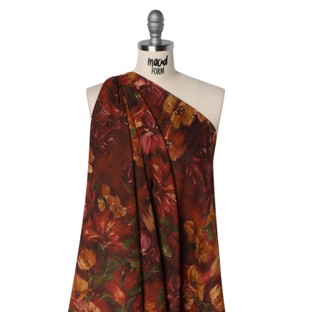 Crinkled Cotton Gauzy Woven - Burgundy, Yellow Ochre and Green Painterly Ikat Floral - Mood Exclusive Cabernet Crocus Print - Drape Crinkled Cotton Gauzy Woven - Burgundy, Yellow Ochre and Green Painterly Ikat Floral - Mood Exclusive Cabernet Crocus Print - Drape