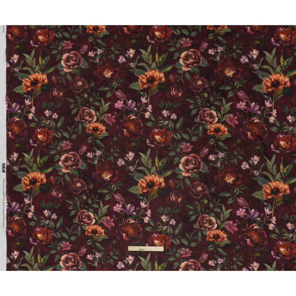 Crinkled Cotton Gauzy Woven - Wine Red, Coral and Green Floral - Mood Exclusive Romantic Nights Print - Full Crinkled Cotton Gauzy Woven - Wine Red, Coral and Green Floral - Mood Exclusive Romantic Nights Print - Full