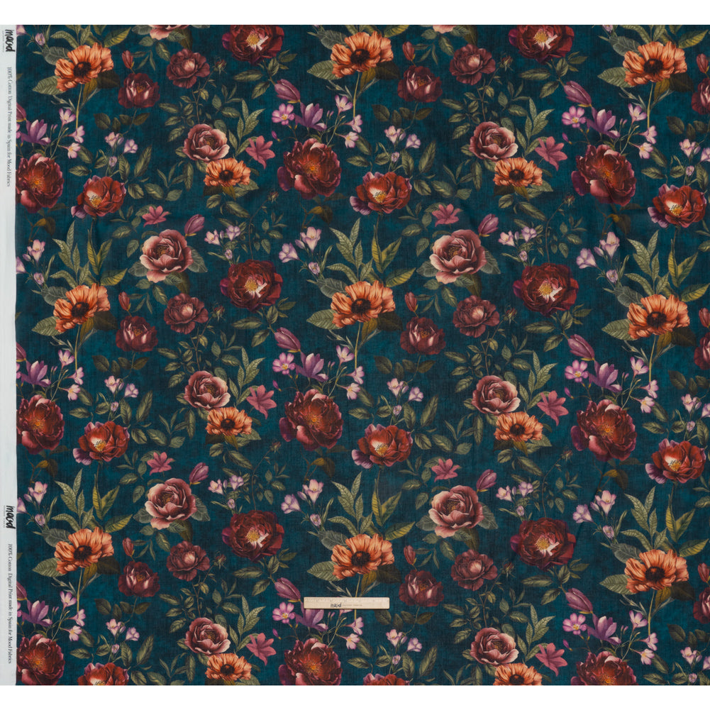 Crinkled Cotton Gauzy Woven - Dark Cobalt, Wine Red and Green Floral - Mood Exclusive Romantic Nights Print - Full Crinkled Cotton Gauzy Woven - Dark Cobalt, Wine Red and Green Floral - Mood Exclusive Romantic Nights Print - Full