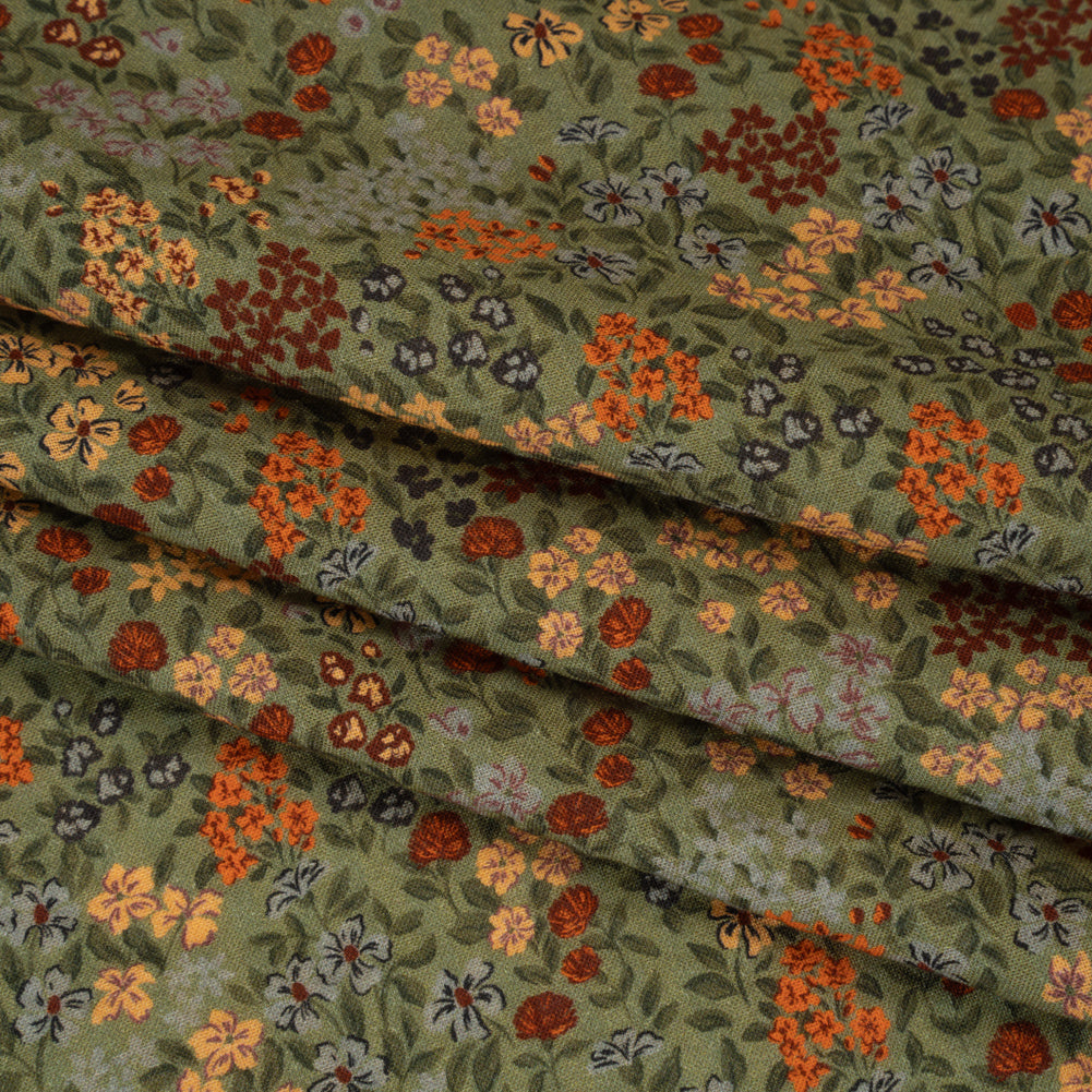 Cotton and Viscose Striped Seersucker - Sage Green, Dark Red and Beige Bunches of Flowers - Mood Exclusive Sunny Sprouts Print Folded Cotton and Viscose Striped Seersucker - Sage Green, Dark Red and Beige Bunches of Flowers - Mood Exclusive Sunny Sprouts Print Folded