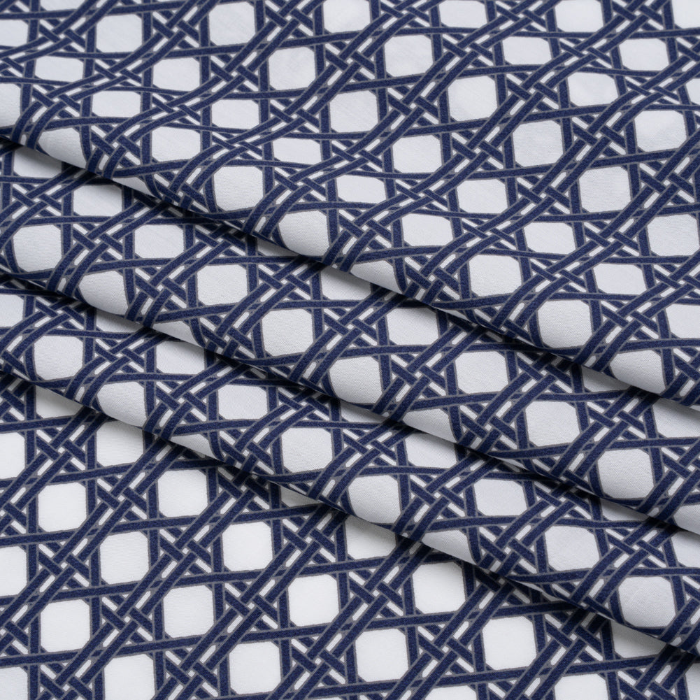 Cotton and Rayon Woven Shirting Print - Navy Blue and White Wicker Basket Lattice - Deadstock - Folded Cotton and Rayon Woven Shirting Print - Navy Blue and White Wicker Basket Lattice - Deadstock - Folded