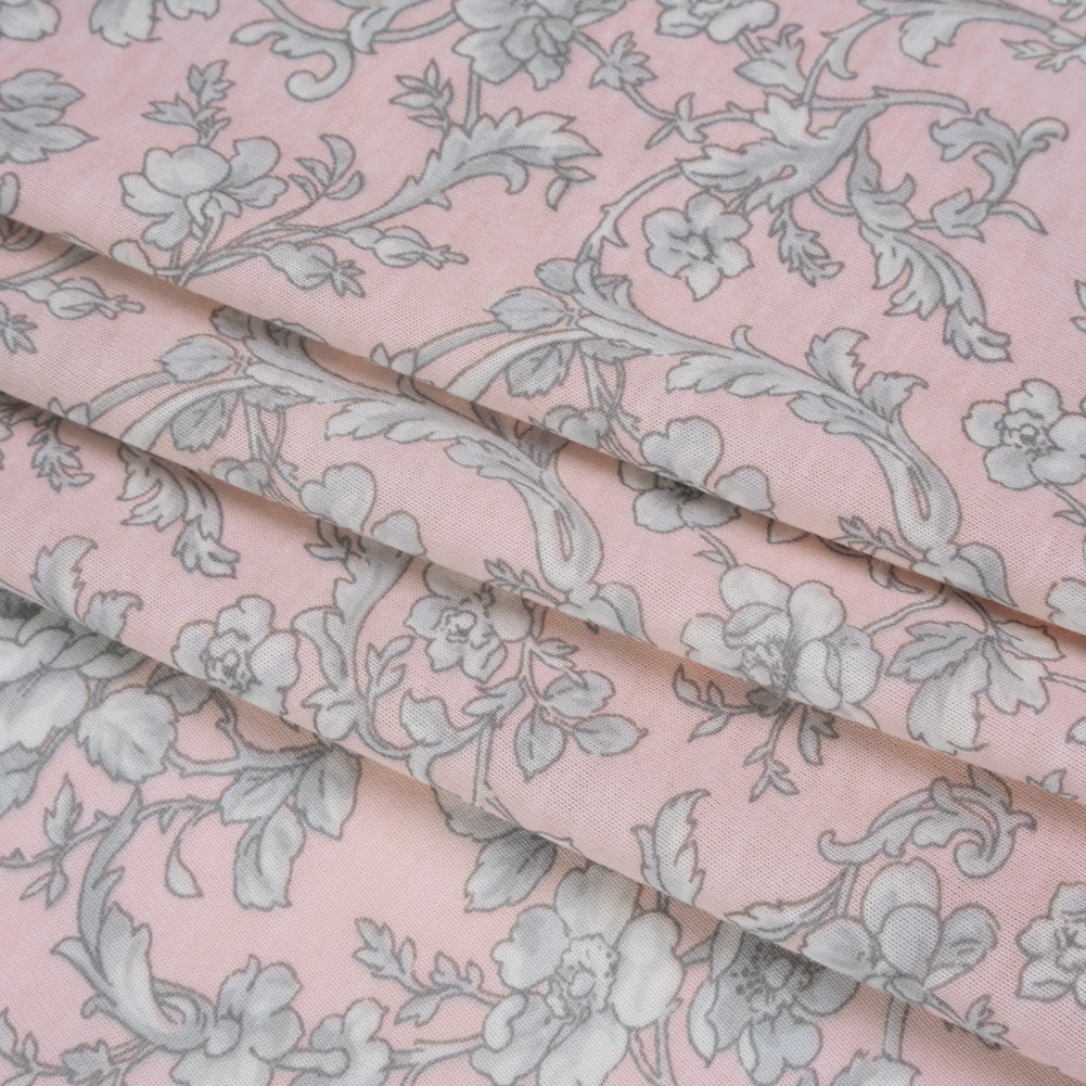 Cotton and Viscose Jersey Print - Light Pink, Ivory and Gray Rose Vines - Deadstock - Folded Cotton and Viscose Jersey Print - Light Pink, Ivory and Gray Rose Vines - Deadstock - Folded