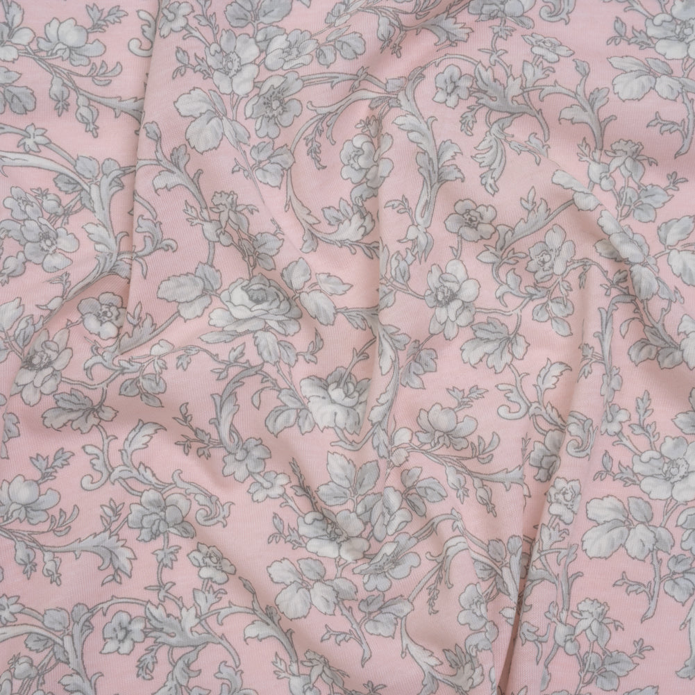 Cotton and Viscose Jersey Print - Light Pink, Ivory and Gray Rose Vines - Deadstock Cotton and Viscose Jersey Print - Light Pink, Ivory and Gray Rose Vines - Deadstock