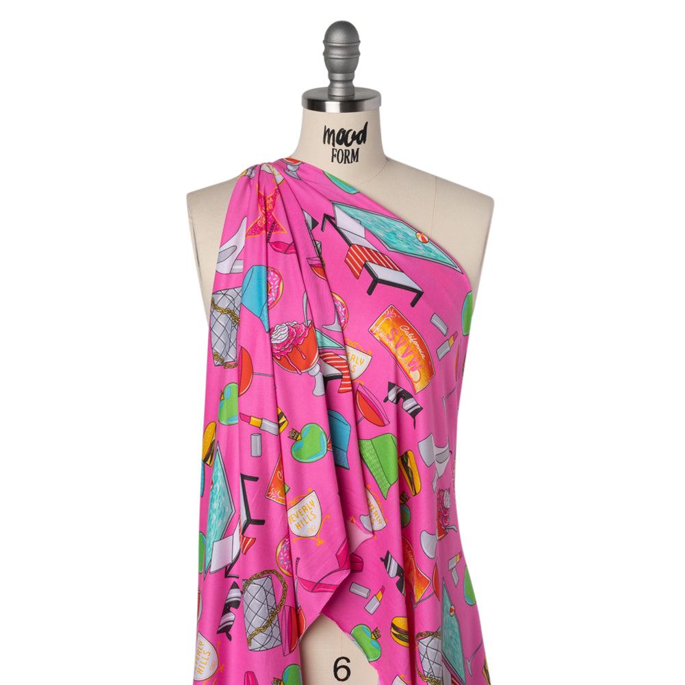 Stretch Polyester ITY Jersey by Vera Wang - Fuchsia, Green and Orange California Dreaming Icons - Designer Deadstock - Drape Stretch Polyester ITY Jersey by Vera Wang - Fuchsia, Green and Orange California Dreaming Icons - Designer Deadstock - Drape