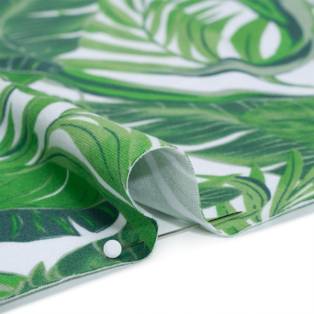Stretch Polyester ITY Jersey by Vera Wang - Kelly Green and White Palm Leaves - Designer Deadstock - Detail Stretch Polyester ITY Jersey by Vera Wang - Kelly Green and White Palm Leaves - Designer Deadstock - Detail