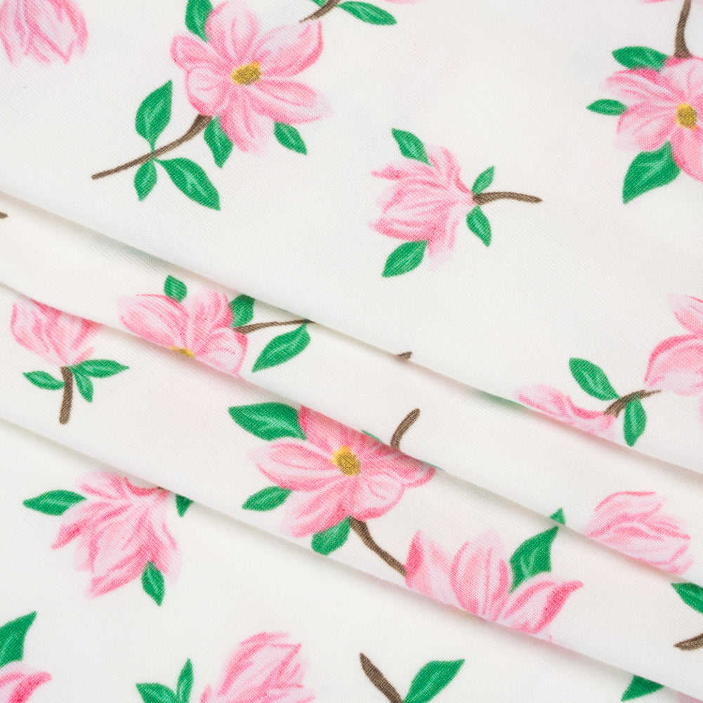 Stretch Polyester ITY Jersey - Ivory and Pink Florals - Deadstock - Folded Stretch Polyester ITY Jersey - Ivory and Pink Florals - Deadstock - Folded