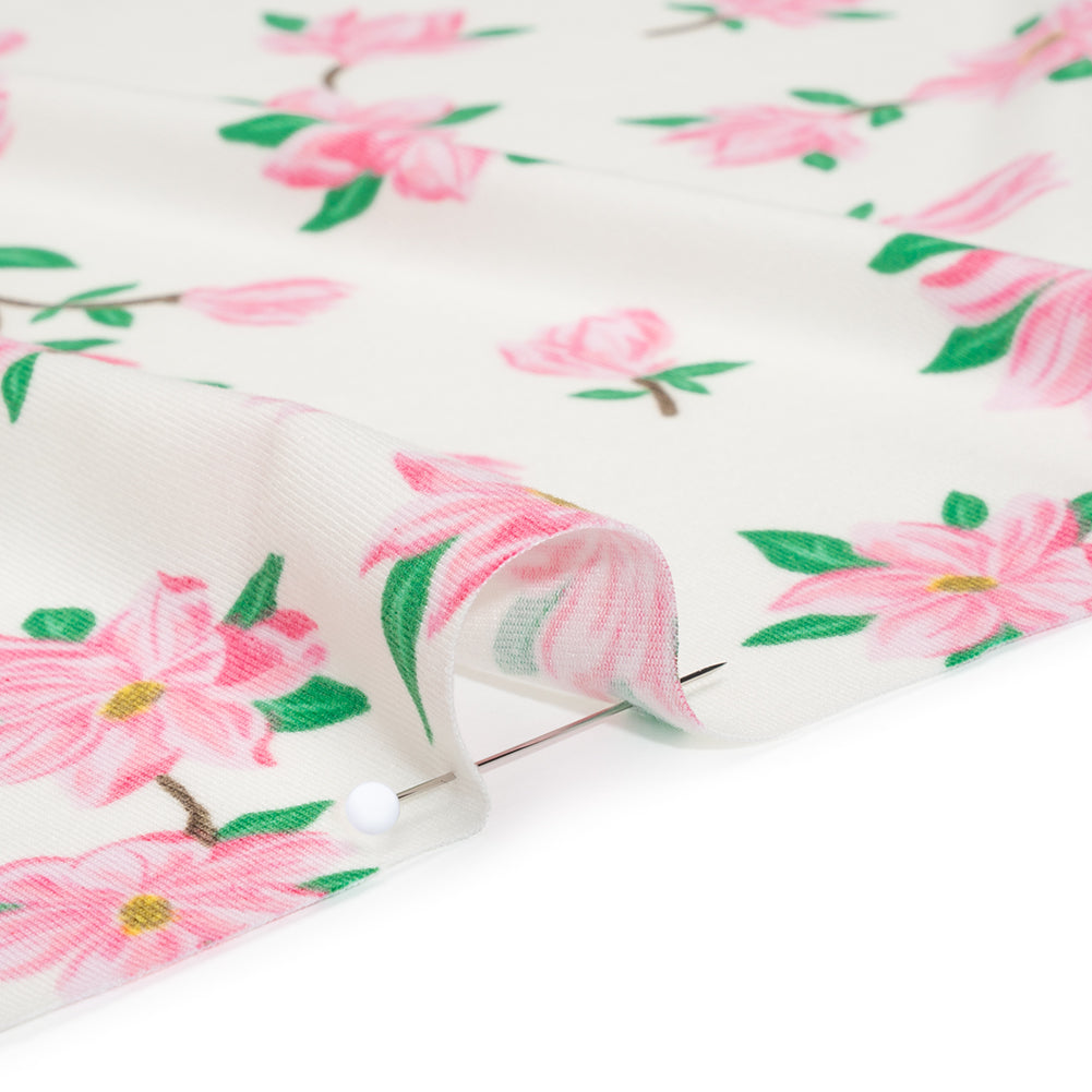 Stretch Polyester ITY Jersey - Ivory and Pink Florals - Deadstock - Detail Stretch Polyester ITY Jersey - Ivory and Pink Florals - Deadstock - Detail