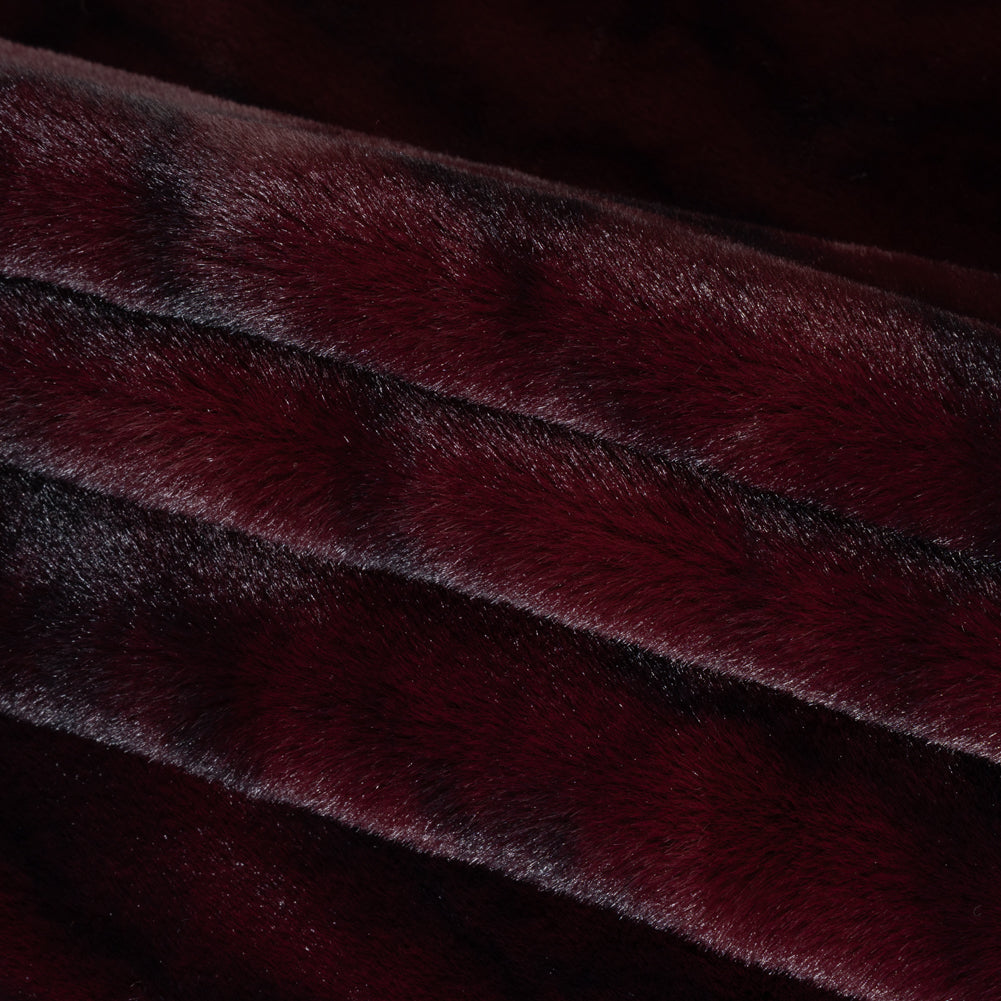 Medium Pile Recycled Polyester Faux Fur by Max Alexander - Burgundy and Black Abstract Folded Medium Pile Recycled Polyester Faux Fur by Max Alexander - Burgundy and Black Abstract Folded