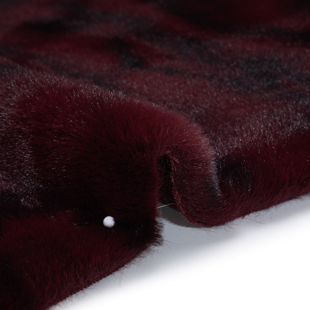 Medium Pile Recycled Polyester Faux Fur by Max Alexander - Burgundy and Black Abstract Detail Medium Pile Recycled Polyester Faux Fur by Max Alexander - Burgundy and Black Abstract Detail