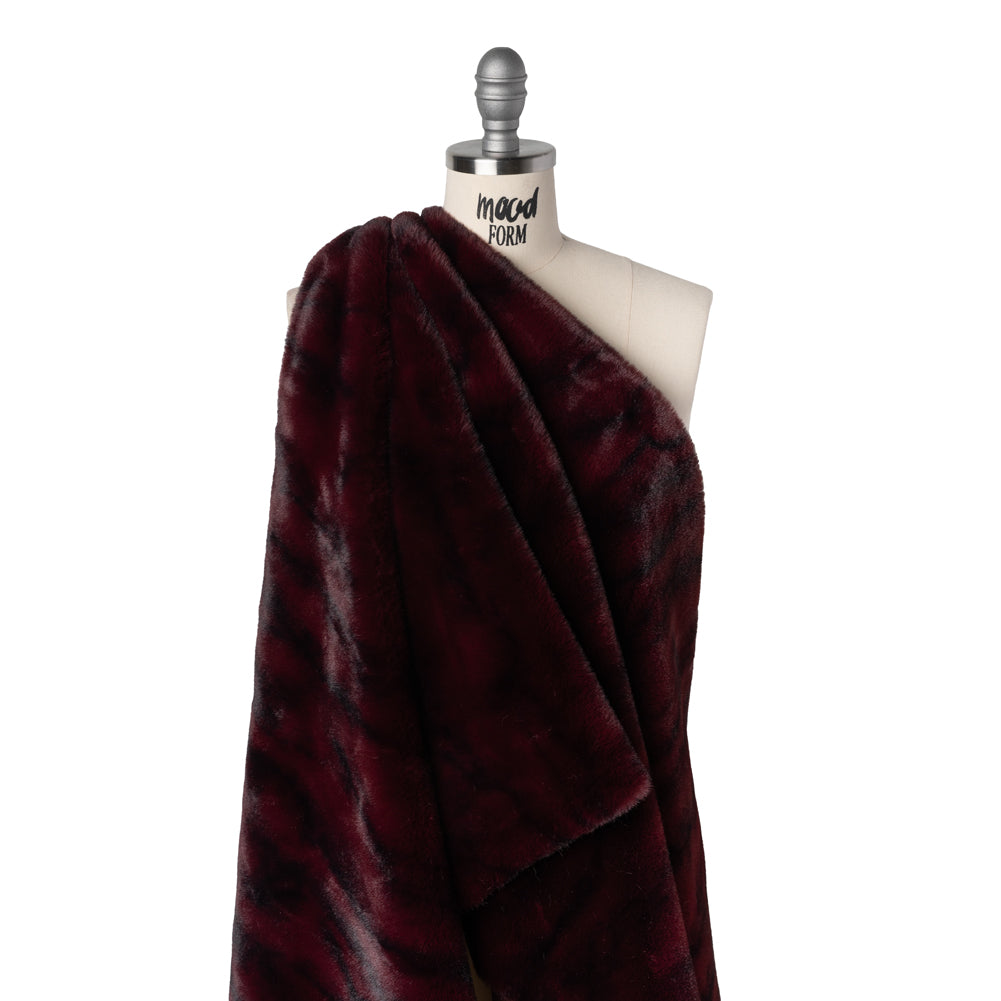 Medium Pile Recycled Polyester Faux Fur by Max Alexander - Burgundy and Black Abstract Drape Medium Pile Recycled Polyester Faux Fur by Max Alexander - Burgundy and Black Abstract Drape