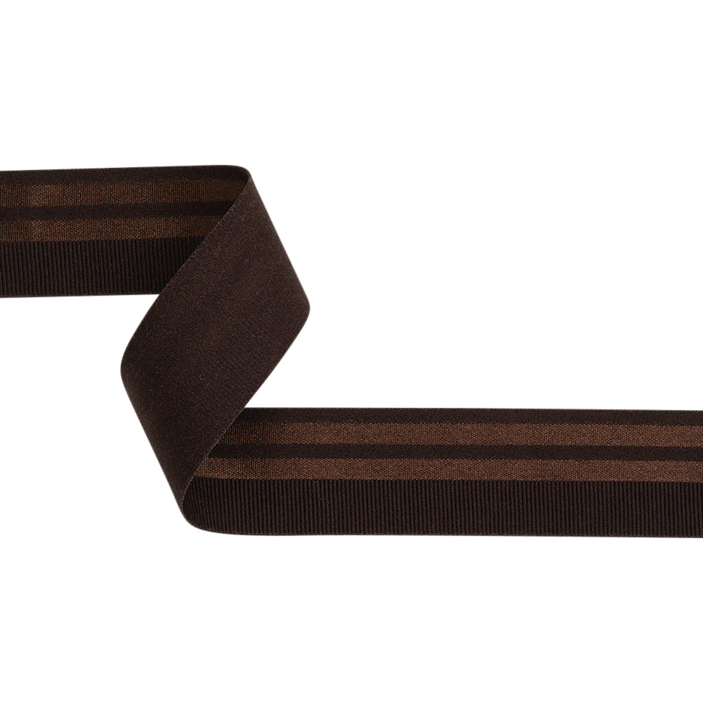 Nylon Elastic Trim with Satin Stripes and Ribbing Made in Italy - 1.625" - Brown Nylon Elastic Trim with Satin Stripes and Ribbing Made in Italy - 1.625" - Brown