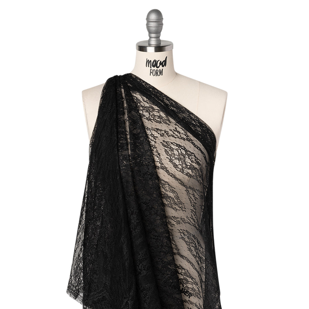 Raschel Lace with Finished Edges - Black Floral Lozenges - Deadstock - Drape Raschel Lace with Finished Edges - Black Floral Lozenges - Deadstock - Drape