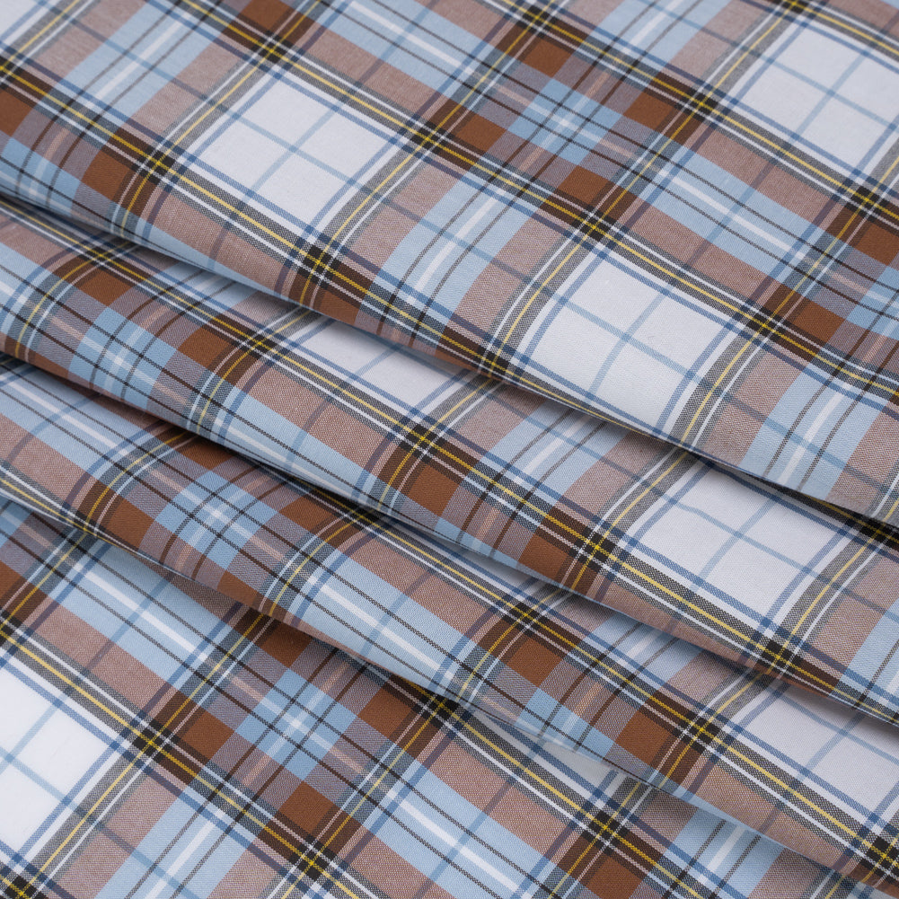 Cotton Shirting Made in Italy - Russet Brown, Country Blue and White Plaid - Designer Deadstock - Folded Cotton Shirting Made in Italy - Russet Brown, Country Blue and White Plaid - Designer Deadstock - Folded