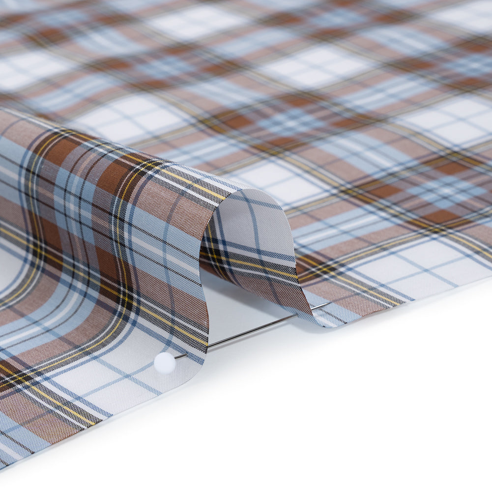 Cotton Shirting Made in Italy - Russet Brown, Country Blue and White Plaid - Designer Deadstock - Detail Cotton Shirting Made in Italy - Russet Brown, Country Blue and White Plaid - Designer Deadstock - Detail